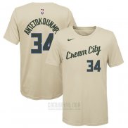 Camiseta Manga Corta Giannis Antetokounmpo Milwaukee Bucks Crema 2019-20 Ciudad